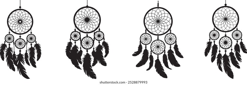 Silhueta do Dreamcatcher preto com penas fluindo e Web para desenhos boêmios e espirituais, vetor do catcher do sonho, catcher do sonho 