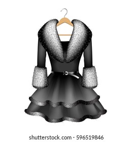Black Dress with Fur Collar and fur Sleeves on Hanger
