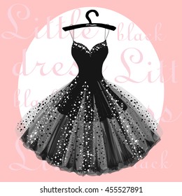 Black dress hand drawn vector illustration on pink background