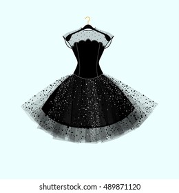 Black dress. Party dress. Vector fashion illustration