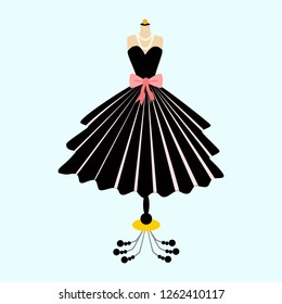 Black dress. Vector of dress on mannequin. Vector of ball gown on mannequin. Illustration on white background.