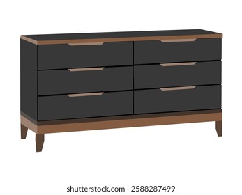 A black dresser with six drawers. The dresser is made of wood and has a brown finish. wooden chest of drawers isolated on white background