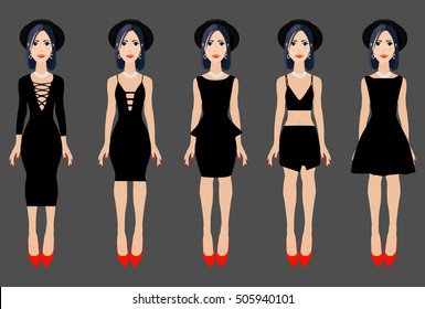 Black dresses collection. Vector illustration. Different types of little black dresses. Dress on the girl model. Black dress and red shoes. Classic and modern trendy dress.