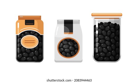 Black Dried Beans In Paper, Plastic Packaging And Kitchen Food Storage Container. Set Of Vector Colorful Illustrations Isolated On White Background