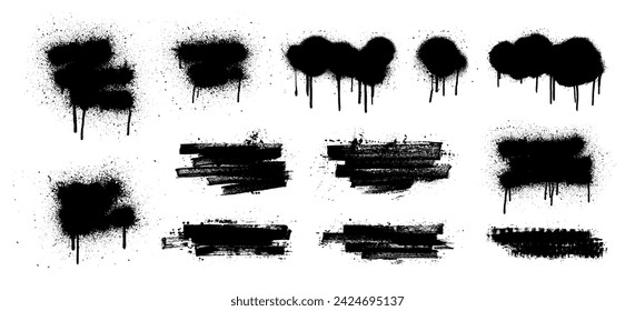 Black dried paint with splashes, dirty textured brush strokes, ink stencils for graphic design, text fields. Grunge frame callouts for text, Artistic template texture of ink brush strokes. Vector