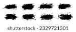Black dried paint splattered in dirty style. Isolated black ink stencils for graphic design, text fields. Artistic texture of ink brush strokes, splatter stains, callout. Paintbrush, stroke vector set