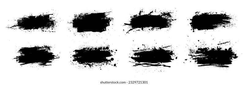 Black dried paint splattered in dirty style. Isolated black ink stencils for graphic design, text fields. Artistic texture of ink brush strokes, splatter stains, callout. Paintbrush, stroke vector set