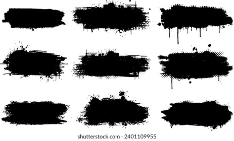 Black dried paint splattered in dirty style. Grunge design elements collection set vector illustration