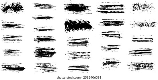 Black dried paint splattered dirty style. Stock image of Isolated ink stencils for graphic design, text fields. Artistic brush strokes, splatter stains, paintbrush, overlay