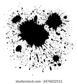 Black dried paint is splattered in disarray. Isolated black ink stencil for graphic design, text boxes. Artistic texture of ink brush strokes, splash stains, callouts.