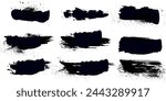 Black dried paintbrush with splattered effect in dirty style. Isoleted black ink stencils for graphic design, text fields. Artistic graphic texture of ink brush stroke, callouts. Vector paint