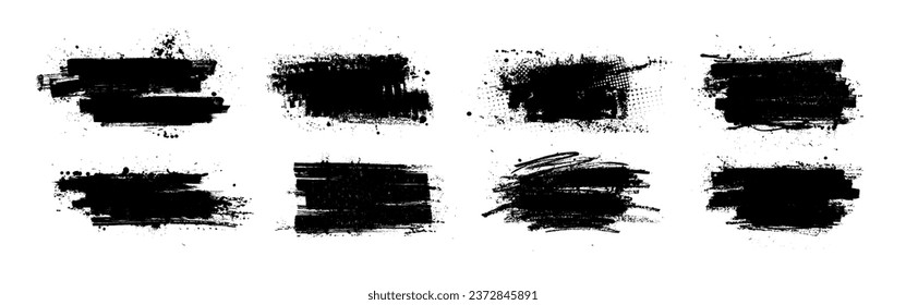 Black dried paintbrush with splattered effect in dirty style. Isoleted black ink stencils for graphic design, text fields. Artistic graphic texture of ink brush stroke, callouts. Vector stroke set