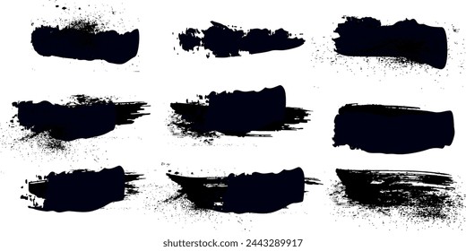 Black dried paintbrush with splattered effect in dirty style. Isoleted black ink stencils for graphic design, text fields. Artistic graphic texture of ink brush stroke, callouts. Vector paint