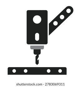 Black drill machine in action, drilling holes in metal plate and bracket, industrial scene