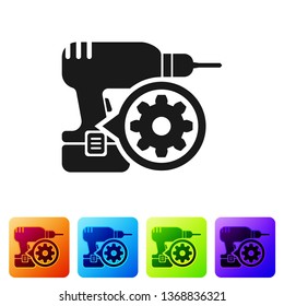 Black Drill machine and gear icon isolated on white background. Adjusting app, service concept, setting options, maintenance, repair, fixing. Set icon in color square buttons. Vector Illustration