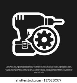 Black Drill machine and gear icon isolated on black background. Adjusting app, service concept, setting options, maintenance, repair, fixing. Vector Illustration