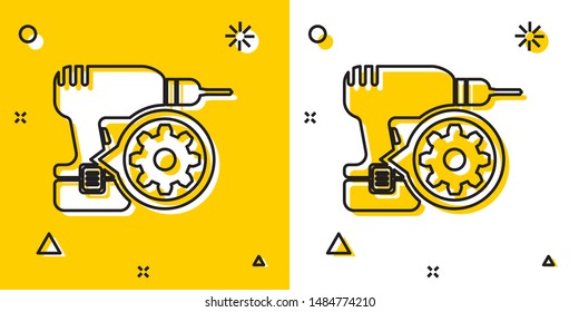 Black Drill machine and gear icon isolated on yellow and white background. Adjusting app, service concept, setting options, maintenance, repair, fixing. Random dynamic shapes. Vector Illustration