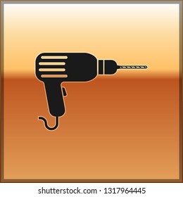 Black Drill machine icon isolated on gold background. Vector Illustration