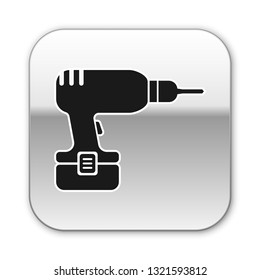 Black Drill machine icon isolated on white background. Silver square button. Vector Illustration