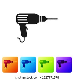 Black Drill machine icon isolated on white background. Set icon in color square buttons. Vector Illustration