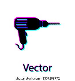 Black Drill machine icon isolated on white background. Vector Illustration