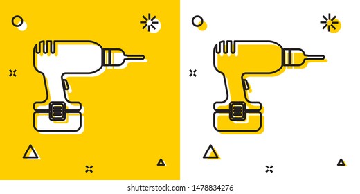 Black Drill machine icon isolated on yellow and white background. Random dynamic shapes. Vector Illustration