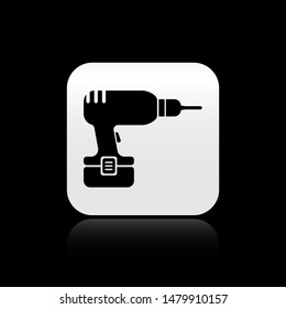 Black Drill machine icon isolated on black background. square button. Vector Illustration