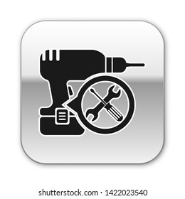 Black Drill machine with screwdriver and wrench icon isolated on white background. Adjusting, service, setting, maintenance, repair, fixing. Silver square button. Vector Illustration