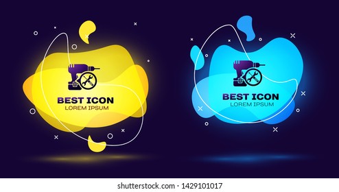 Black Drill machine with screwdriver and wrench icon isolated on blue background. Adjusting, service, setting, maintenance, repair, fixing. Set of liquid color abstract shapes. Vector Illustration