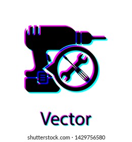 Black Drill machine with screwdriver and wrench icon isolated on white background.  