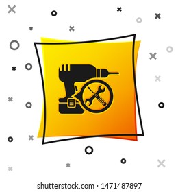 Black Drill machine with screwdriver and wrench icon isolated on white background. Adjusting, service, setting, maintenance, repair, fixing. Yellow square button. Vector Illustration