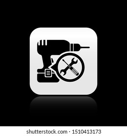 Black Drill machine with screwdriver and wrench icon isolated on black background. Adjusting, service, setting, maintenance, repair, fixing. Silver square button. Vector Illustration