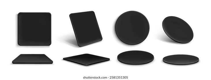 Black drink coaster set - round and square shapes from different angles. Top flat position, tilted view, side perspective on white surface. Minimal dark beverage mat design for product presentation.