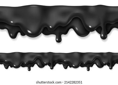 Black drip oil or paint. Seamless liquid pattern. Repeatable oozing fluid ink. 3d realistic vector illustration isolated on white background. Halloween design. Horizontal border