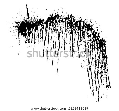 Black drip silhouette isolated on white wall. Monochrome splash isolated from background. Watercolor spatter texture. Abstract vector illustration. Runny liquid ink. Horror grunge pattern