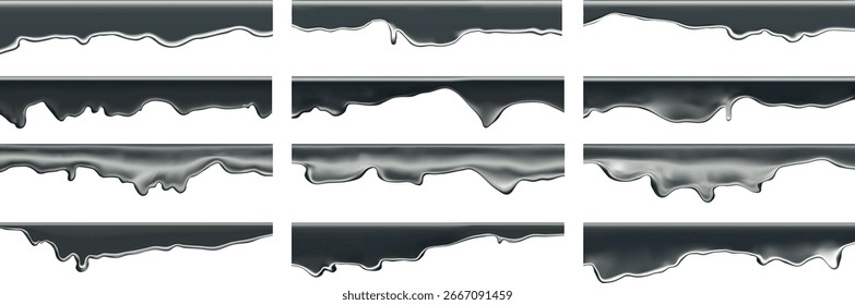 Black driping tar paint melt set and oil splatter vector effect. 3D liquid texture for Halloween graffiti or spooky zombie background. Oozing pattern or sticky chocolate dribbles for border designs.