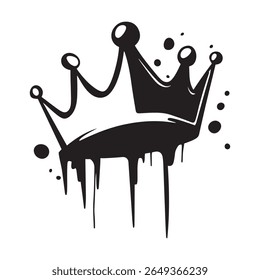 Black dripping crown graffiti silhouette with ink splatter elements, bold street art vector illustration on white background for urban graphic design, tattoo template or hip hop fashion decoration