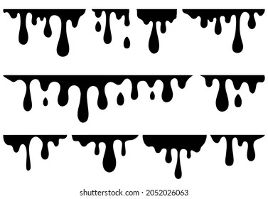 Elementos de goteo negro. Pintada que cae, mancha de jarabe derretida. Drenajes de goteo, fusión de aceite líquido aislado. Flujo de tinta dinámico, conjunto de vector gráfico decente