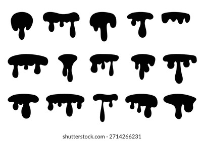 Fluxos de gotejamento preto. Fluxo de óleo, gotas de tinta isoladas. Elementos líquidos decorativos para design. Goteja diferentes substâncias líquidas, silhuetas de vetor sapid