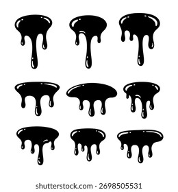 Black Dripping Liquid Paint Slime Stain Splash Drops Isolated Collection
