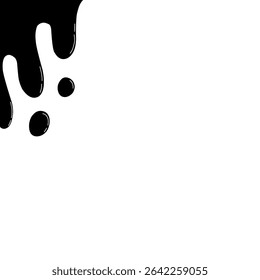 Zwarte druppelende vloeistofvormen aan de linkerbovenkant tegen een witte achtergrond. Het ontwerp roept het uiterlijk van verf of inktdruppels op en kan worden gebruikt voor moderne of abstracte thema's.