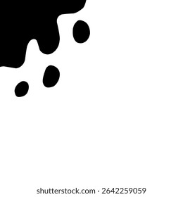 Zwarte druppelende vloeistofvormen aan de linkerbovenkant tegen een witte achtergrond. Het ontwerp roept het uiterlijk van verf of inktdruppels op en kan worden gebruikt voor moderne of abstracte thema's.