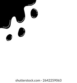 Zwarte druppelende vloeistofvormen aan de linkerbovenkant tegen een witte achtergrond. Het ontwerp roept het uiterlijk van verf of inktdruppels op en kan worden gebruikt voor moderne of abstracte thema's.