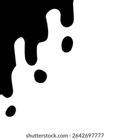 Zwarte druppelende vloeistofvormen aan de linkerbovenkant tegen een witte achtergrond. Het ontwerp roept het uiterlijk van verf of inktdruppels op en kan worden gebruikt voor moderne of abstracte thema's.