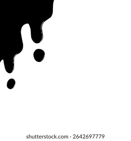 Zwarte druppelende vloeistofvormen aan de linkerbovenkant tegen een witte achtergrond. Het ontwerp roept het uiterlijk van verf of inktdruppels op en kan worden gebruikt voor moderne of abstracte thema's.