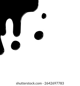 Zwarte druppelende vloeistofvormen aan de linkerbovenkant tegen een witte achtergrond. Het ontwerp roept het uiterlijk van verf of inktdruppels op en kan worden gebruikt voor moderne of abstracte thema's.