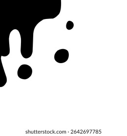 Zwarte druppelende vloeistofvormen aan de linkerbovenkant tegen een witte achtergrond. Het ontwerp roept het uiterlijk van verf of inktdruppels op en kan worden gebruikt voor moderne of abstracte thema's.
