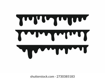 Black dripping liquid silhouette borders set. Vector ink splashes, oil drops, and paint flows isolated on white background