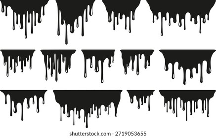 Siluetas líquidas de goteo negro, colección de Vector de pintura o goteos de tinta y bordes de fusión aislados 