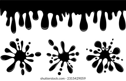 Black dripping oil stain, liquid drips or paint current vector ink silhouettes isolated